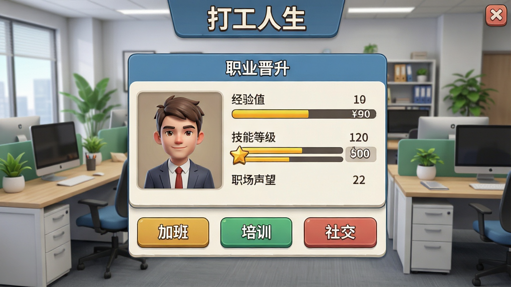展示游戏内“职业晋升”界面截图,画面中央是角色属性面板,显示“经验值”、“技能等级”、“职场声望”等数值,周围环绕着“加班”、“培训”、“社交”等行动按钮。界面顶部有“打工人生”字样,背景为现代办公室场景,有办公桌、电脑和绿植。布局清晰,信息层级分明,卡通写实混合风格,细节精致,画质高清,干净无多余元素。