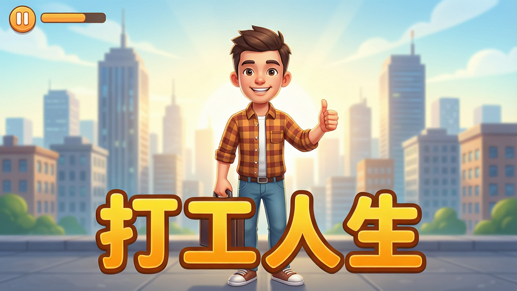 画面中央展示游戏主界面,一位卡通风格的年轻上班族站在城市高楼前,面带微笑,穿着格子衬衫和休闲裤,左手拿着公文包,右手竖起大拇指。界面下方有“打工人生”四个大字,采用圆润可爱的字体,颜色为明亮的橙黄色。整体布局以游戏UI截图形式呈现,背景是清晨阳光下的城市天际线,风格清新明快,细节丰富,画质高清,干净无多余元素。