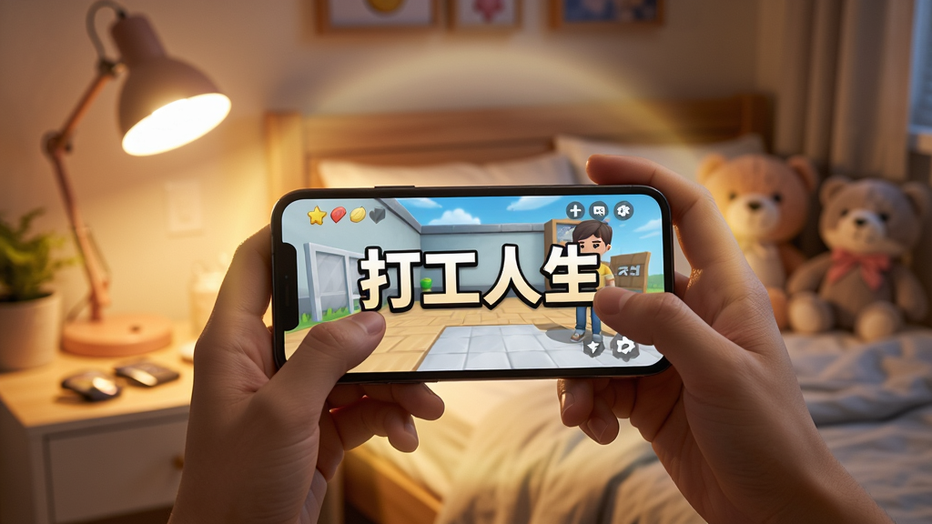 展示玩家手持手机游玩《打工人生》的场景,手机屏幕清晰显示游戏画面,背景是温馨的卧室,有台灯和毛绒玩具。画面构图以手机为中心,周围有柔和的光晕,风格写实,突出手机屏幕上的“打工人生”四个字,细节丰富,画质高清,干净无多余元素。