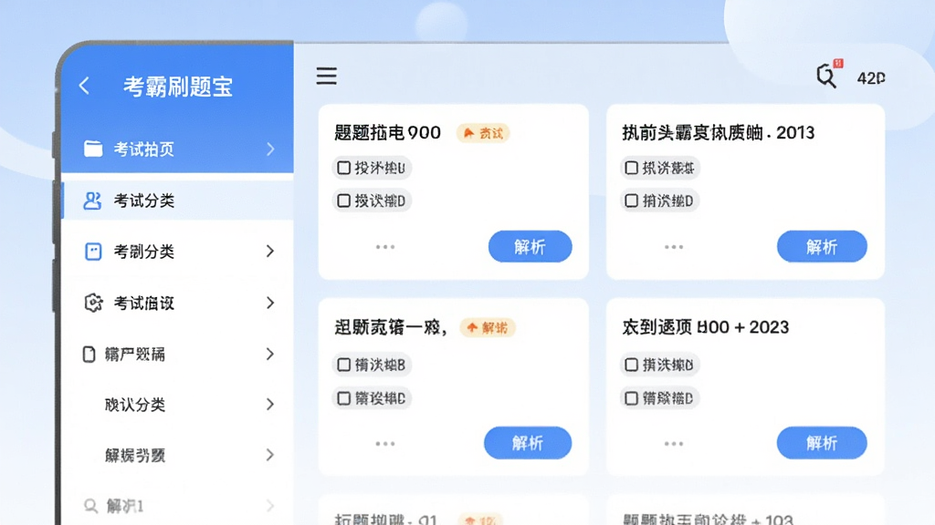 主体:考霸刷题宝APP的题库列表页面,左侧显示考试分类菜单,右侧展示题目卡片,卡片上有题目内容、选项和“解析”按钮。背景是淡蓝色渐变,界面整洁。画质高清,细节清晰,无多余元素。