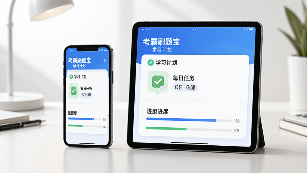 主体:一部手机与一台平板电脑并排摆放,屏幕均显示考霸刷题宝的“学习计划”页面,界面有每日任务打卡图标和进度条。背景是简洁的书桌,光线明亮。画质高清,构图平衡,无多余元素。