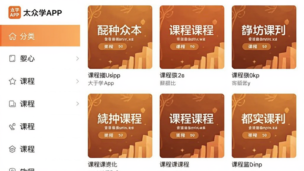 一张大于众学APP的课程分类界面截图,左侧为分类列表,右侧为课程封面缩略图,封面设计风格统一,采用暖色调,包含课程标题文字,整体布局清晰,便于浏览,画质干净无多余元素。
