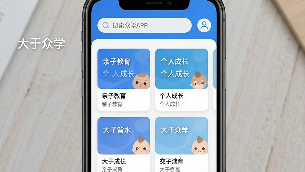 一张展示大于众学APP在手机屏幕上运行的界面预览图,画面中央是课程列表页,包含亲子教育、个人成长等分类卡片,顶部有搜索栏与个人中心图标,整体风格现代简洁,色彩以蓝色和白色为主,界面布局清晰,排版整齐,细节丰富,画质高清干净,无多余元素,文字标注