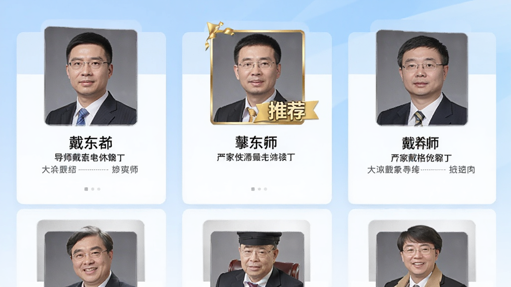 一张大于众学APP的导师介绍页截图,页面展示多位专家头像与简介,包括戴东老师,配有金色边框的推荐标识,背景为淡蓝色渐变,版面采用卡片式布局,风格正式大气,细节包含导师姓名与头衔文字,画质清晰干净,无多余元素。