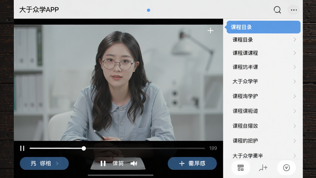 一张展示大于众学APP播放课程视频的界面,视频画面清晰,下方有进度条和功能按钮,右侧有课程目录列表,背景是深色木质桌面,页面整体简洁大方,画质干净无多余元素。