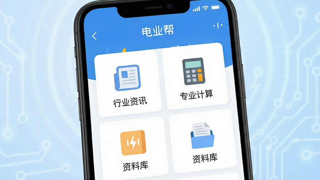 画面主体为智能手机屏幕展示“电业帮”主界面,界面清晰显示“行业资讯”、“专业计算”、“资料库”等核心功能模块图标,整体布局简洁明快。背景采用淡蓝色渐变,象征电力与科技。风格偏向扁平化设计,细节丰富,画质高清干净,无多余元素。