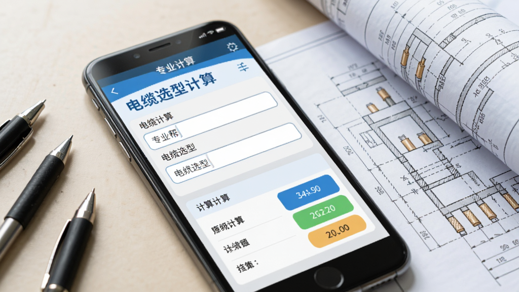 电业帮APP内“专业计算”功能的使用场景特写,手机屏幕上显示一个电缆选型计算界面,包含输入框和计算结果,旁边散落着几支笔和一张电气图纸,整体画面专业且写实,浅色背景,画质高清。