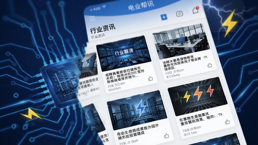 一幅展示电业帮APP“行业资讯”频道的界面预览图,屏幕上排列着多条新闻卡片,配有标题和缩略图,背景有抽象的电路线条和闪电图标,整体风格专业现代,画质清晰。