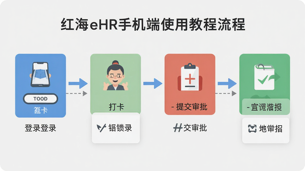 红海eHR手机端使用教程流程图,画面展示登录、打卡、提交审批等步骤,以扁平化图标与箭头连接,背景为浅灰色,风格简约明了,细节标注清晰,画质高清干净。