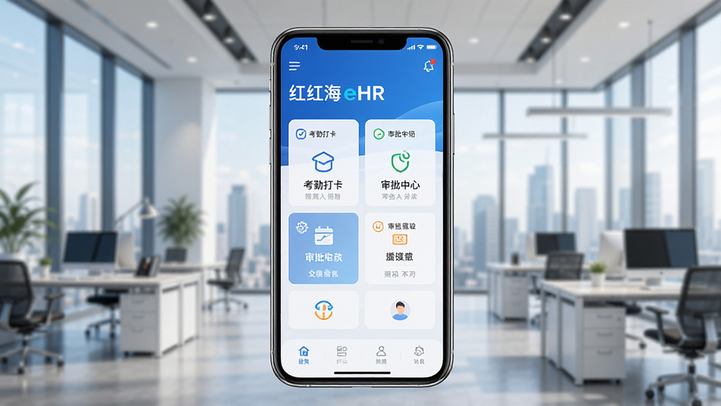 图片居中展示红海eHR品牌主视觉,背景为现代商务办公场景,画面主体为手机屏幕中的软件主界面,界面清晰显示考勤打卡、审批中心等核心功能模块,整体色调以蓝色为主,布局规整,风格简洁明亮,细节丰富,高清画质干净无多余元素。