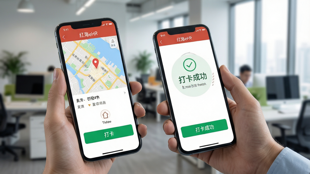 红海eHR移动端考勤打卡界面,手机屏幕显示地图定位与打卡按钮,背景为办公室环境,员工手持手机点击打卡,界面显示“打卡成功”提示,布局清晰,风格写实,细节丰富,画质高清干净。
