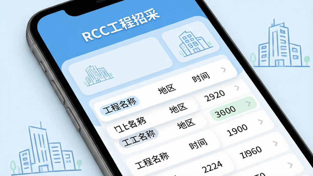 画面主体为一部智能手机屏幕展示RCC工程招采软件主界面,界面顶部显示“RCC工程招采”品牌字样,中部以列表形式清晰排列工程名称、地区、时间等条目,背景为浅蓝色商务风格,搭配简约线条建筑图标,布局规整,排版留白充足,整体风格现代简洁,细节呈现界面圆角卡片与数据高亮,画质高清干净,无多余元素