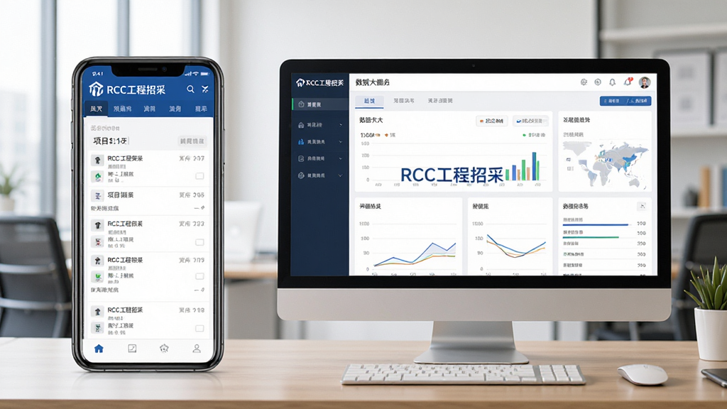 画面主体为一张手机与电脑并排展示RCC工程招采软件的图片,手机端显示项目列表,电脑端显示数据大屏,背景为办公桌面,整体风格商务,布局左右呼应,排版协调,品牌“RCC工程招采”字样出现在两个屏幕上,细节包括屏幕UI元素清晰,画质高清干净,无多余元素
