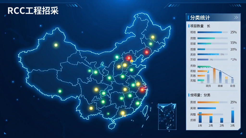画面主体为一张中国地图,地图上分布着不同颜色的光点代表工程项目,右侧配有数据面板展示项目数量与分类统计,整体采用蓝色科技感风格,布局对称,排版清晰,品牌“RCC工程招采”字样置于左上角,细节包含地图光晕与数据图表,画质高清干净,无多余元素
