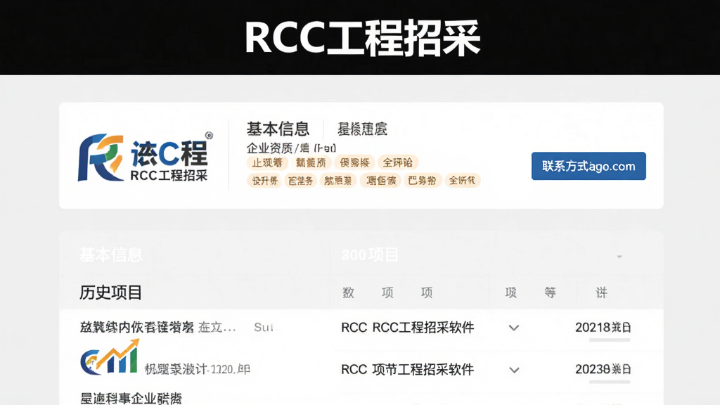 画面主体为RCC工程招采软件的企业详情页截图,页面展示企业Logo、基本信息栏与历史项目列表,背景为浅灰色,整体排版清晰,信息层级分明,品牌“RCC工程招采”位于页面顶部,细节包括企业资质标签与联系方式按钮,画质高清干净,无多余元素