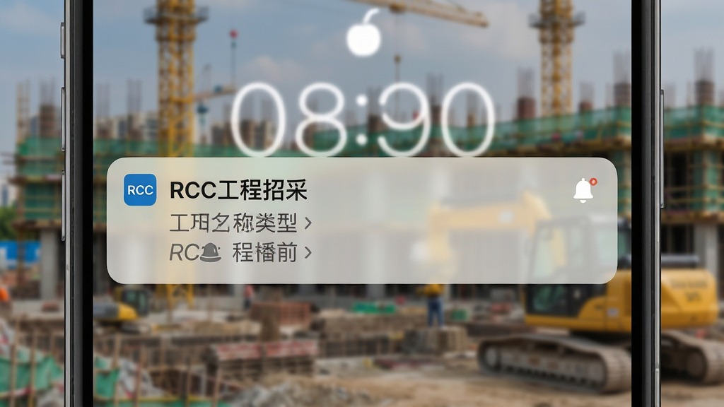 画面主体为手机锁屏界面展示RCC工程招采推送通知,通知横幅显示项目名称与类型,背景为模糊的施工现场照片,界面风格写实,布局简洁,通知栏清晰可见“RCC工程招采”名称,细节包括时间与推送提示图标,画质高清干净,无多余元素
