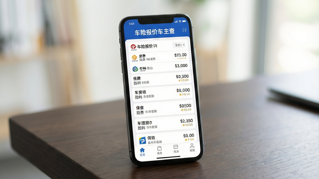 一张智能手机屏幕特写,屏幕中清晰显示车险报价车主查的APP主界面,界面顶部有“车险报价车主查”的APP名称字样,下方展示多款保险公司的车险报价对比列表,有保费金额、险种名称等数据,手机放置在深色木质桌面上,背景虚化,光线明亮柔和,整体风格专业、现代、高清画质,构图以手机为中心,突出应用界面内容,干净整洁无多余元素
