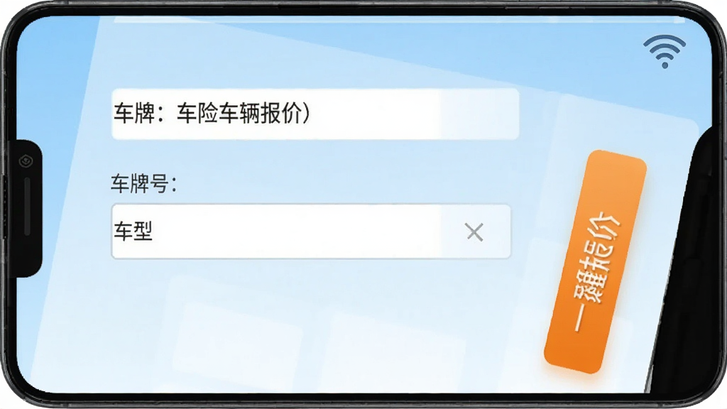 一张手机横屏或竖屏截图,展示车险报价车主查在安卓手机上的应用运行画面,屏幕内显示车辆信息录入表单,有车牌号、车型选择框,下方有醒目的“一键报价”按钮,旁边有Wi-Fi信号图标,整体界面简洁,背景为浅蓝色渐变,画质清晰,无多余元素