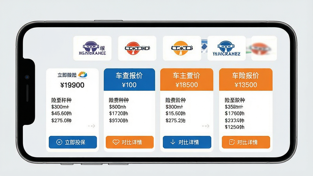 车险报价车主查APP功能演示界面,屏幕中央显示多个保险公司的Logo和并列的报价卡片,卡片上有保费价格和险种明细,下方有“立即投保”和“对比详情”按钮,手机界面风格扁平化设计,色彩以蓝色和橙色为主色调,背景为浅灰色,画面干净,重点突出多公司报价对比功能,布局整齐,清晰展现操作流程,画质高清