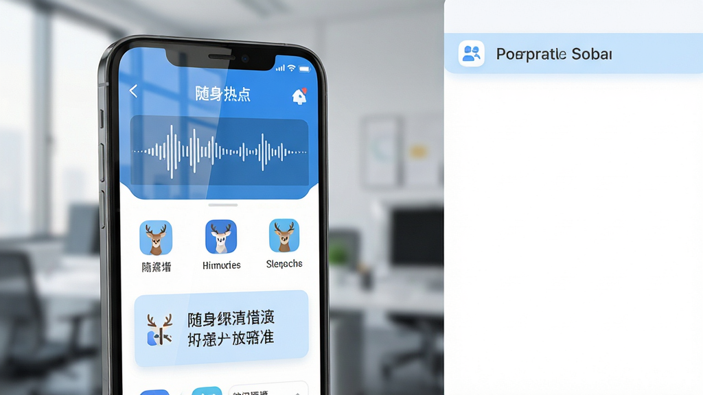 主体:一部智能手机屏幕显示随身鹿应用主界面,界面中有波形音频和文字转换结果。布局:手机居中偏左,右侧留白,上方有浅色标题栏。排版:界面简洁,功能图标清晰排列,文字段落整齐。风格:现代扁平化,色彩清新明亮,以蓝白为主色调。细节:手机屏幕反光自然,应用图标上有小鹿角装饰元素,背景为虚化的办公室环境。画质:高清渲染,干净无多余元素。