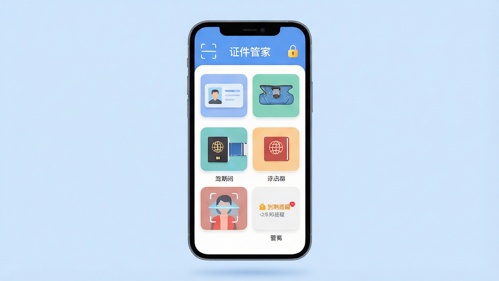 主体:手机个人证件管家通软件界面,手机屏幕显示各类证件卡片整齐排列,有身份证、驾驶证、护照图标;布局:居中构图,手机悬浮于浅蓝色背景上方,界面清晰可见“证件管家”字样;排版:简洁现代,证件卡片采用圆角矩形展示;风格:扁平化插画风,色彩明亮柔和;细节:界面有扫描动画、加密锁图标与到期提醒通知;画质:高清渲染,干净无多余元素。