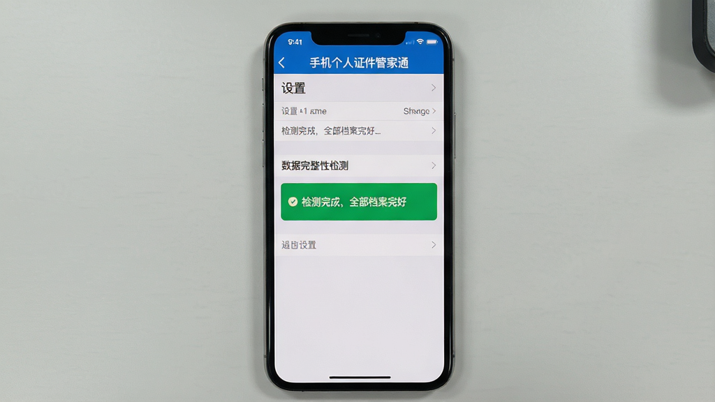 主体:“手机个人证件管家通”运行界面截图,展示设置菜单中的“数据完整性检测”选项;布局:手机屏幕居中,背景为淡灰色桌面;排版:界面元素垂直排列,文字清晰;风格:写实屏幕截图风格;细节:屏幕上有“检测完成,全部档案完好”绿色提示框;画质:锐利清晰,无多余物体。
