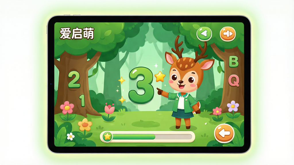 主体:爱启萌应用界面展示,屏幕上是一个森林探险的卡通场景,有数字和字母隐藏在树木和花朵中。布局:居中展示平板电脑屏幕,界面占满屏幕,四周有柔和的光晕。排版:界面元素疏密有致,左上角显示“爱启萌”logo,底部有课程进度条。风格:清新卡通风格,色彩明快,绿色系为主。细节:小鹿老师正指着数字3,旁边有闪烁的星星特效,界面按钮都是圆角卡通样式。画质:高清,干净,无多余元素。
