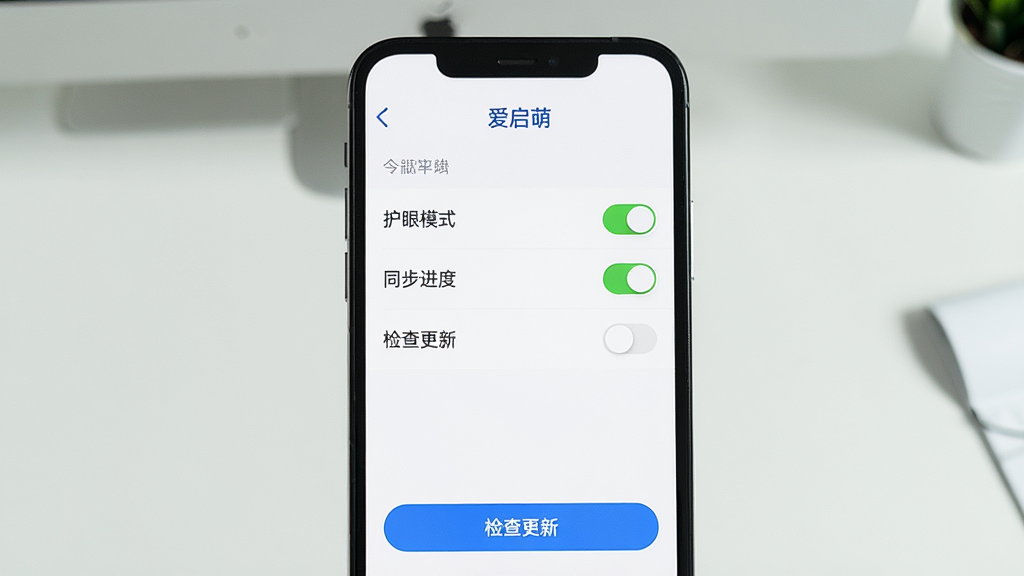 主体:手机屏幕显示爱启萌的设置界面,有“护眼模式”、“同步进度”、“检查更新”等选项。布局:居中展示手机屏幕,背景是简洁的桌面。排版:设置列表清晰,每一项右侧有开关按钮。风格:简洁UI风格,白色背景,蓝色高亮。细节:“护眼模式”开关处于开启状态,绿色显示,屏幕底部有“检查更新”按钮。画质:高清,干净,无多余元素。