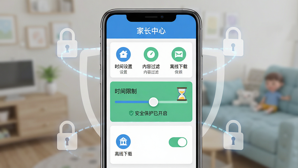 主体:爱启萌家长控制中心的界面截图,展示时间设置、内容过滤、离线下载等功能开关。布局:居中展示手机屏幕界面,周围有淡淡的锁形图标作为安全暗示。排版:界面清晰,功能图标排列整齐,顶部有“家长中心”标题。风格:简洁扁平化设计,蓝色和绿色为主色调。细节:时间限制滑块在屏幕中央,旁边有沙漏图标,下方有“安全保护已开启”字样。画质:高清,干净,无多余元素。