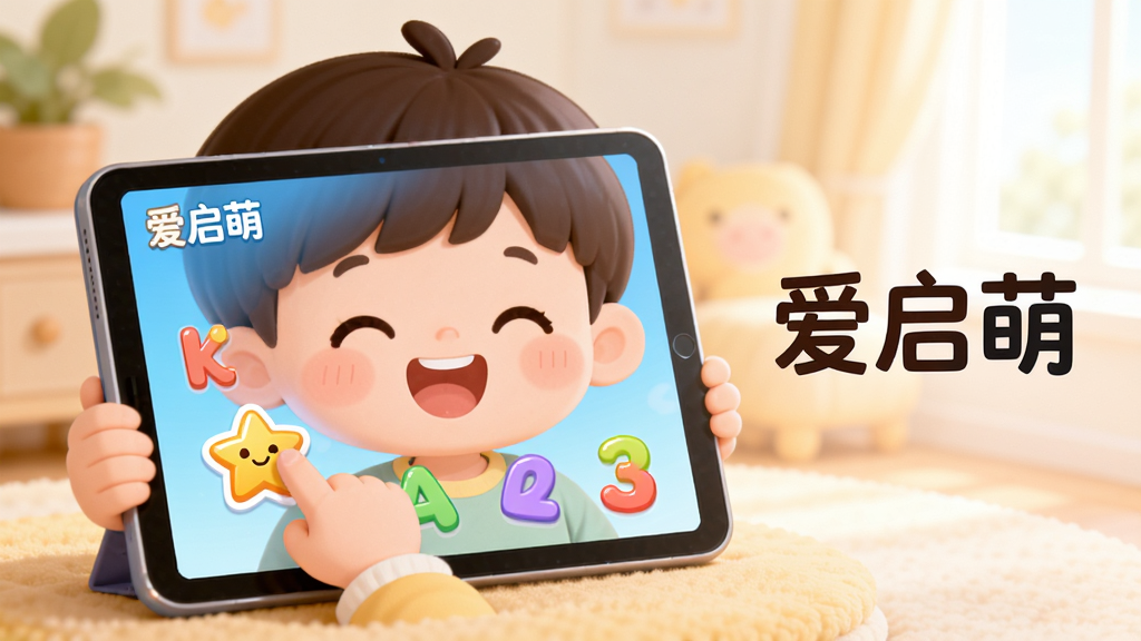 主体:可爱的卡通小朋友正在平板电脑前开心地使用爱启萌应用,屏幕上显示色彩鲜艳的字母和数字。布局:中心构图,小朋友位于画面中央偏左,平板屏幕朝向右前方,右侧留白用于放置应用名称。排版:画面主体突出,背景虚化,前景清晰。风格:明亮温馨的卡通插画风格,色彩柔和,线条圆润。细节:小朋友眼睛弯弯,笑容灿烂,手指点在屏幕上的一个星星图标上,屏幕左上角有“爱启萌”三个字。画质:高清,干净,无多余元素。