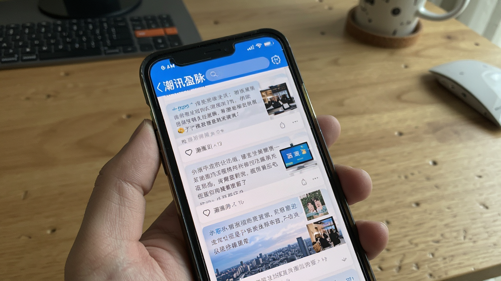 潮讯盈脉应用在手机上运行的实拍图,背景为桌面,手机屏幕显示信息流文章列表,色彩自然,光线均匀,画质清晰,无多余元素