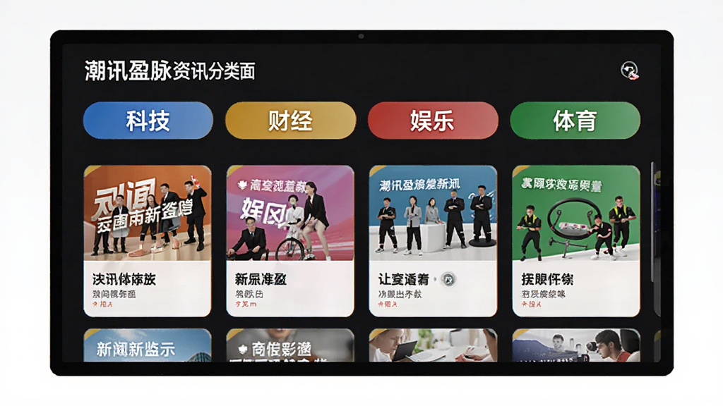 潮讯盈脉资讯分类页面,屏幕展示多个频道标签如科技、财经、娱乐、体育,下方对应不同类别的新闻卡片,色彩鲜明,布局整齐,体现内容丰富性,画质高清,无多余元素