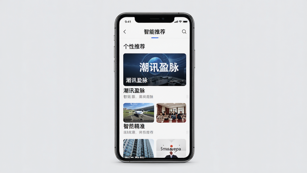 潮讯盈脉应用界面展示智能推荐功能,手机屏幕中央显示个性化推荐列表,包含多张新闻图片缩略图与标题,背景为浅灰色,界面简洁,强调算法精准推荐,画质干净清晰,无多余元素
