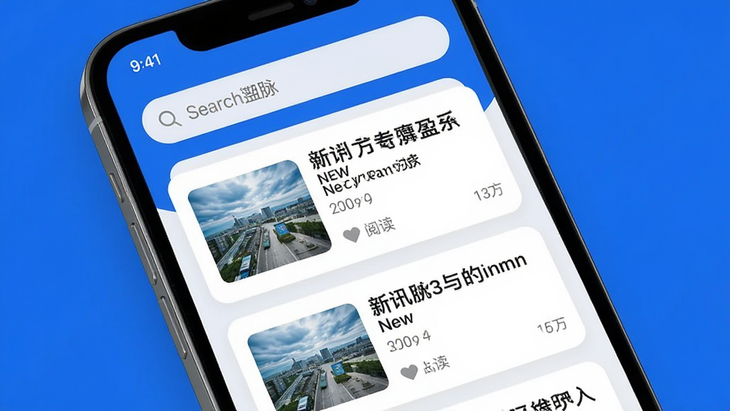 一张智能手机屏幕展示潮讯盈脉应用首页,界面以白色和蓝色为主色调,顶部搜索栏,下方信息流卡片排列,包含新闻标题、缩略图和阅读量,整体风格现代简约,UI设计干净,画质高清,无多余元素