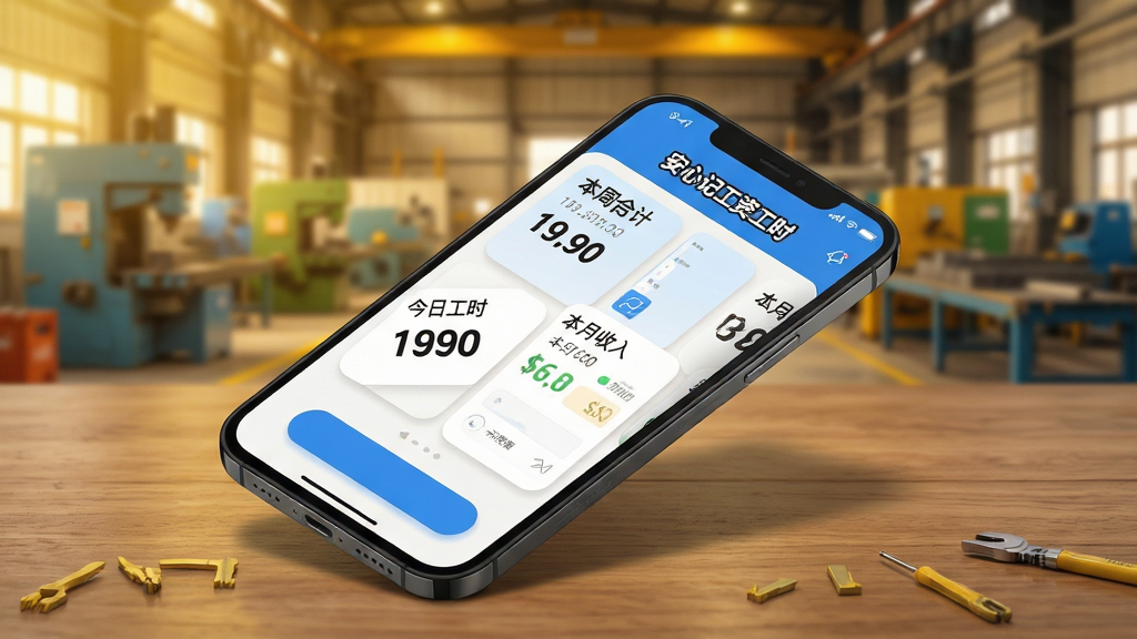 主体为一部亮屏的智能手机,屏幕中央显示“安心记工资工时”APP主界面,界面清晰展示“今日工时”、“本周合计”、“本月收入”等大字卡片。手机斜放在木质桌面,背景为模糊的工厂车间或工地场景,暖黄色光线营造专业可靠感。布局采用手机居中、上方留白构图,画面干净无杂物。风格为扁平化结合轻微拟物阴影,细节上突出圆角卡片、蓝色主色调按钮,文字标签用加粗黑体显示。画质高清,细节锐利,干净无多余元素。