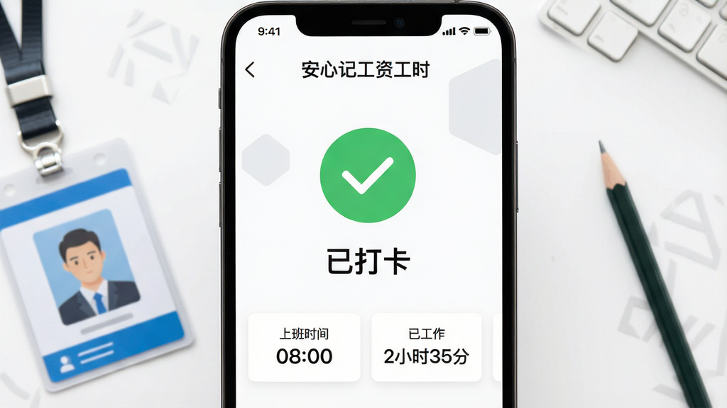 手机竖屏截图特写,画面显示“安心记工资工时”的打卡成功页面,巨大的圆形绿色对勾图标下显示“已打卡”三个字,下方有“上班时间 08:00”和“已工作 2小时35分”信息卡片。背景为纯白色带浅灰色几何装饰,侧边摆放一张工牌和一只铅笔。布局简洁居中,扁平化设计,强调功能界面,无多余元素,画质细腻干净。