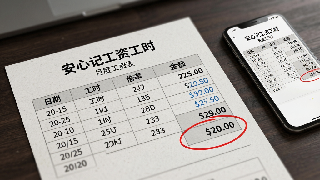 一张“安心记工资工时”生成的月度工资报表,纸张质感铺在深色桌面上,表格清晰列出日期、工时、倍率、金额,合计栏用红圈标注。旁边放着一部手机显示同一报表的电子版。构图采用俯拍视角,浅景深背景虚化。风格商务简洁,数字清晰锐利,画质干净,无多余元素。
