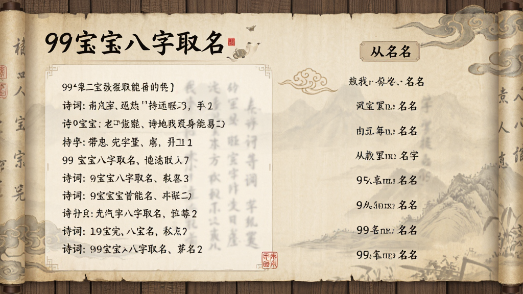 一张展示“99宝宝八字取名”诗词取名功能的界面图片,界面左侧显示诗词原文,右侧展示从诗词中提取的名字,背景为古风书卷纹理,整体风格古色古香,排版错落有致,画质细腻,干净无多余元素。