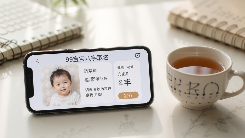 一张展示“99宝宝八字取名”使用场景的图片,手机横屏显示名字详情,旁边有一杯茶,背景为书桌,整体风格温馨生活化,画质干净,光线柔和,无多余元素。