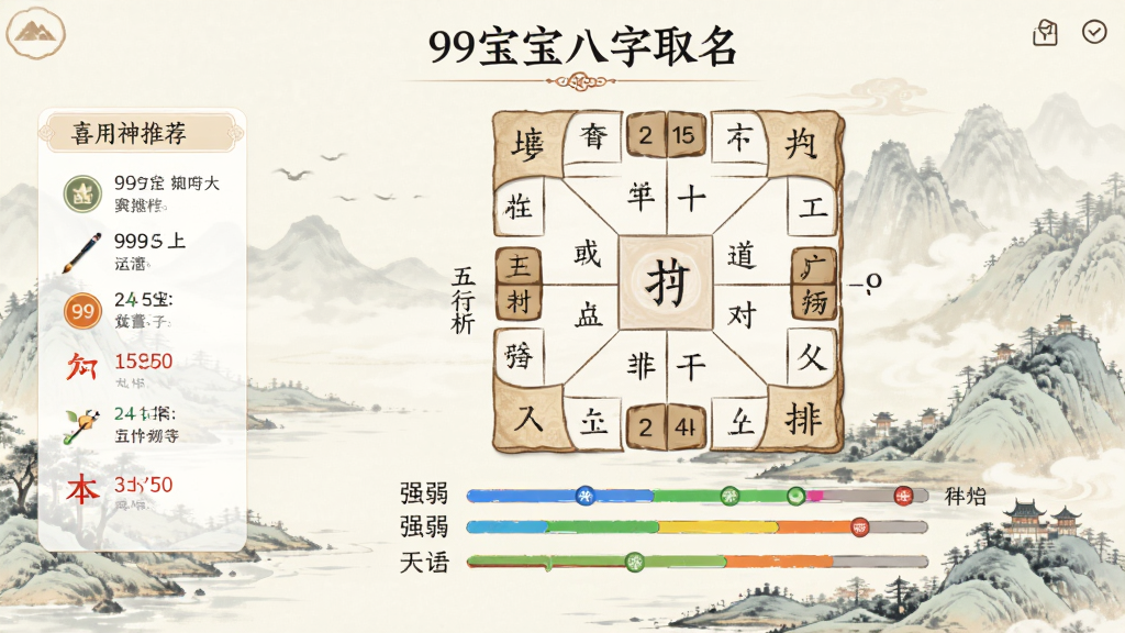 一张展示“99宝宝八字取名”五行分析界面的图片,界面中央显示八字排盘,下方用彩色进度条展示五行强弱,左侧有喜用神推荐,背景为淡雅的中国风山水画,整体布局清晰,风格典雅,画质高,干净无多余元素。