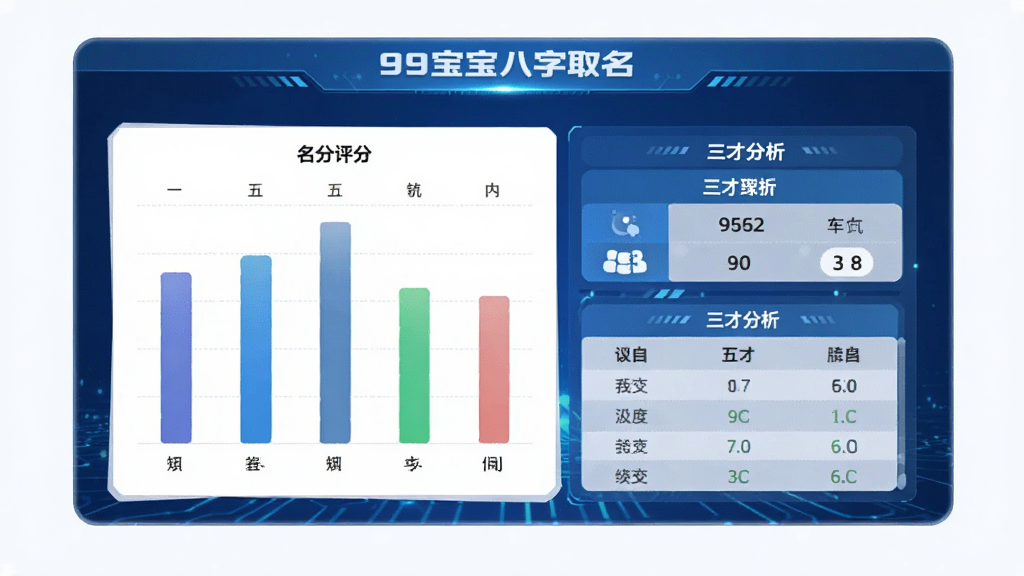 一张展示“99宝宝八字取名”名字评分测试的界面图,界面显示一个名字的评分结果,包含五格柱状图、三才分析表,背景简洁,以蓝色科技感为主,整体风格专业清晰,画质高清,无多余元素。