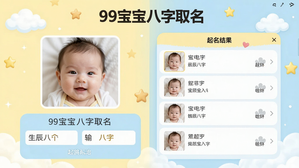 一张展示“99宝宝八字取名”软件主界面的高清图片,界面包含宝宝照片区域、生辰八字输入框、起名结果列表,整体风格温馨可爱,以淡黄色和浅蓝色为主色调,背景有云朵和星星图案,界面文字清晰,画质干净,无多余元素。