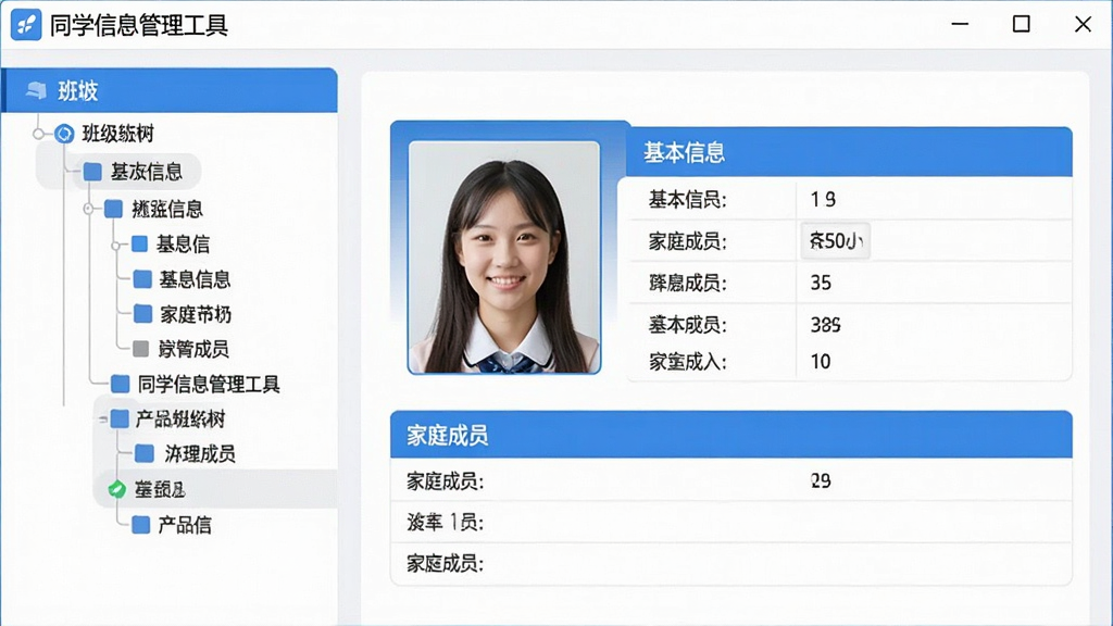 产品功能界面截图风格,左侧为班级树形导航栏,右侧展示一位学生详细信息的表单页面,包含照片栏、基本信息栏、家庭成员栏,界面设计现代简洁,蓝白配色,文字标签清晰可见,软件名