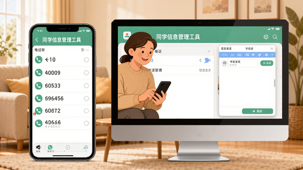 软件功能展示图,手机与电脑屏幕并排展示,屏幕上显示