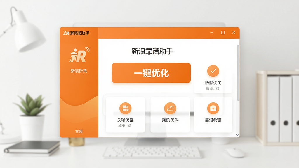 画面主体为“新浪靠谱助手”软件主界面悬浮在干净桌面背景上,界面显示“一键优化”大按钮和几个功能图标,布局居中,界面清爽简洁,带有新浪标志性橙色色调,整体风格现代扁平化,细节清晰,画质干净,无多余元素