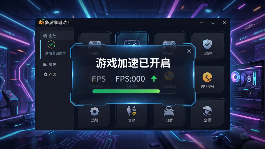 展示新浪靠谱助手游戏加速界面,背景为炫酷的电竞风格,前景弹窗显示“游戏加速已开启”以及FPS提升数据,主体为软件功能界面,布局动感,风格科技感,细节丰富,画质细腻,无多余元素