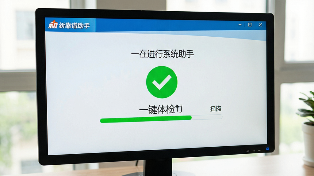 电脑屏幕前显示新浪靠谱助手正在进行系统体检,进度条正在扫描,界面呈现绿色对勾表示安全,主体为软件界面特写,布局简洁,风格写实,画面明亮清晰,突出“一键体检”文字,画质干净,无多余元素