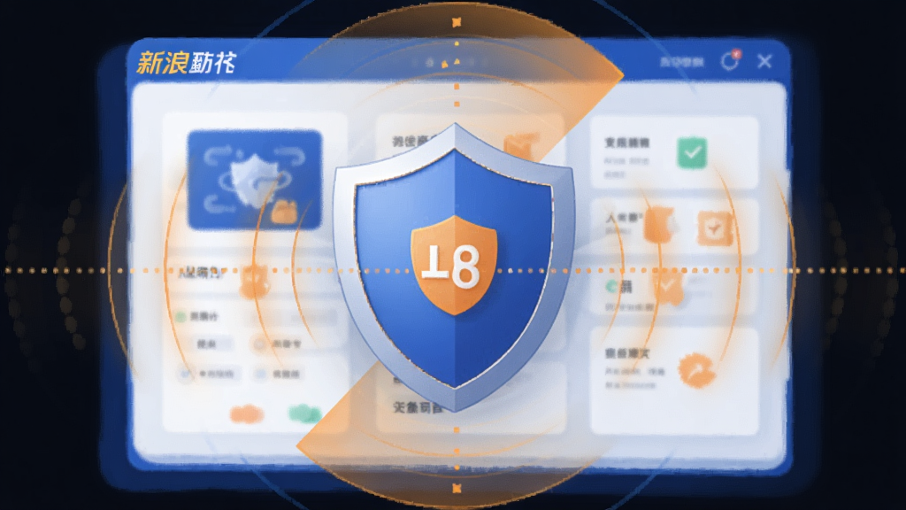 新浪靠谱助手安全防护功能示意图,盾牌图标代表防护已开启,周围有扫描雷达效果,主体为防护界面,布局居中,风格安全可靠,蓝色与橙色搭配,细节清晰,画质干净,无多余元素