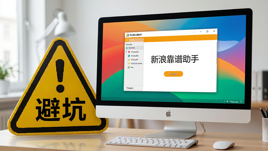 电脑屏幕前显示新浪靠谱助手运行界面,旁边有警示标志表示避坑,主体为电脑与软件界面,布局大气,风格写实,色彩鲜明,画质干净,无多余元素