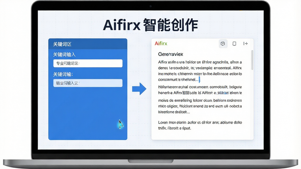 主体:笔记本电脑屏幕显示AIfirx的文本生成界面,左侧是关键词输入区,右侧是生成的文章预览,背景有淡淡的网格线。 布局:左半部分为输入区,右半部分为预览区,中间有箭头指示。 排版:界面干净,字体为现代无衬线体。 风格:专业、清爽、蓝白配色。 细节:屏幕上有光标在闪烁,生成的文字段落清晰可见。 画质:4K高清,干净,无多余元素。 图片文字包含“AIfirx智能创作”。